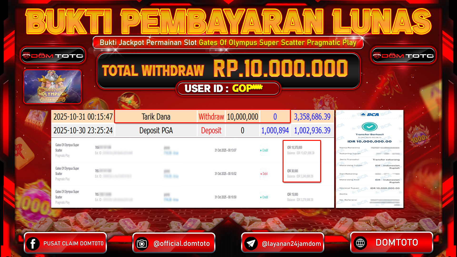 JACKPOT Slot Gates Of Olympus Super Scatter Pragmatic Play 31 OKTOBER 2025